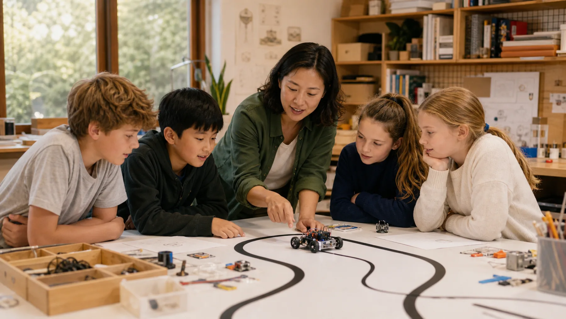 Children and their teacher observing a small line-following robot